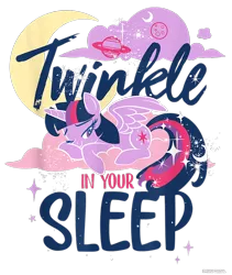 Size: 800x950 | Tagged: safe, derpibooru import, official, twilight sparkle, twilight sparkle (alicorn), alicorn, pony, cloud, crescent moon, cropped, design, female, g4, image, mare, merchandise, moon, night, on a cloud, one eye closed, planet, planetary ring, png, shirt design, simple background, solo, sparkles, text, transparent background