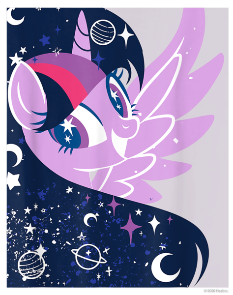 Size: 750x950 | Tagged: safe, derpibooru import, official, twilight sparkle, twilight sparkle (alicorn), alicorn, pony, crescent moon, cropped, design, female, g4, image, mare, merchandise, moon, planet, planetary ring, png, shirt design, simple background, solo, sparkle, stars, text, transparent background