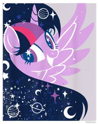 Size: 750x950 | Tagged: safe, derpibooru import, official, twilight sparkle, twilight sparkle (alicorn), alicorn, pony, crescent moon, cropped, design, female, g4, image, mare, merchandise, moon, planet, planetary ring, png, shirt design, simple background, solo, sparkle, stars, text, transparent background