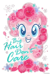 Size: 700x1000 | Tagged: safe, derpibooru import, official, pinkie pie, earth pony, pony, cropped, design, female, flower, flower in hair, g4, image, mare, merchandise, outline, png, shirt design, simple background, solo, text, transparent background