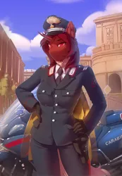 Size: 2200x3184 | Tagged: safe, artist:littlepolly, derpibooru import, oc, oc:flechette, anthro, changeling, insect, moth, mothling, original species, carabinieri, clothes, cloud, gloves, image, italy, jpeg, motorcycle, species swap, uniform