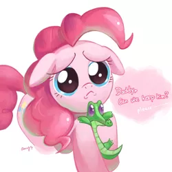 Size: 1181x1181 | Tagged: safe, artist:amy30535, derpibooru import, gummy, pinkie pie, alligator, earth pony, pony, :<, cute, diapinkes, female, floppy ears, frown, image, implied igneous rock pie, jpeg, looking up, mare, puppy dog eyes, sad, simple background, solo, white background
