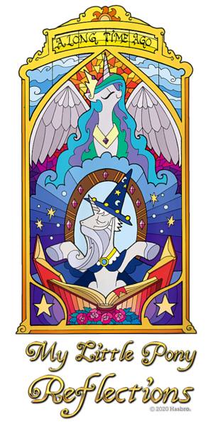 Size: 500x1000 | Tagged: safe, derpibooru import, idw, official, princess celestia, starswirl, alicorn, pony, unicorn, reflections, spoiler:comic, beard, book, cloud, cropped, design, duo, facial hair, female, g4, hat, image, male, mare, merchandise, png, shirt design, simple background, stained glass, stallion, stars, text, transparent background, wizard hat