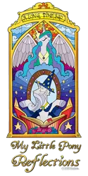 Size: 500x1000 | Tagged: safe, derpibooru import, idw, official, princess celestia, starswirl, alicorn, pony, unicorn, reflections, spoiler:comic, beard, book, cloud, cropped, design, duo, facial hair, female, g4, hat, image, male, mare, merchandise, png, shirt design, simple background, stained glass, stallion, stars, text, transparent background, wizard hat