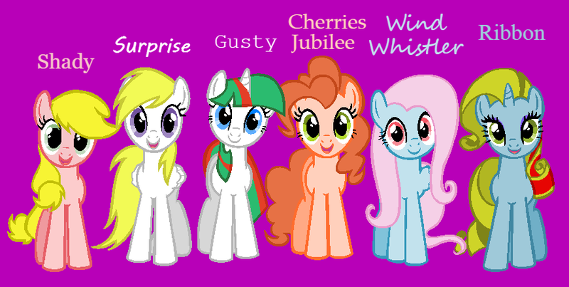 Size: 871x439 | Tagged: safe, artist:musicalpony67, derpibooru import, applejack, cherries jubilee, fluttershy, gusty, pinkie pie, rainbow dash, rarity, ribbon (g1), shady, surprise, twilight sparkle, wind whistler, earth pony, pegasus, pony, unicorn, adoraprise, cherries cuteilee, cute, female, g1 shadybetes, g1 to g4, g4, generation leap, gustybetes, image, magenta background, mane six, mare, png, ribbondorable, simple background, whistlerbetes