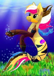 Size: 420x588 | Tagged: safe, artist:lee-annwuulf, derpibooru import, oc, unofficial characters only, seapony (g4), blue eyes, bubble, crepuscular rays, eyelashes, female, fish tail, flowing mane, flowing tail, image, multicolored hair, ocean, png, seaponified, seaweed, smiling, solo, species swap, sunlight, swimming, tail, underwater, water, watermark
