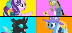 Size: 1560x720 | Tagged: safe, derpibooru import, discord, starlight glimmer, thorax, trixie, to where and back again, image, png, reformed four, youtube link