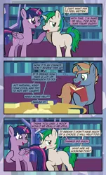 Size: 1920x3169 | Tagged: safe, artist:alexdti, derpibooru import, twilight sparkle, twilight sparkle (alicorn), oc, oc:marco, oc:umberto, alicorn, pony, unicorn, comic:quest for friendship, blushing, book, image, jpeg, male, stallion