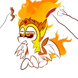 Size: 900x900 | Tagged: safe, artist:vincentjiang0v0, derpibooru import, daybreaker, alicorn, pony, bacon, campfire, crossed arms, crossed hooves, daybreaker is not amused, fire, food, funny, funny as hell, grumpy, hilarious in hindsight, image, lying down, marshmallow, meat, mundane utility, png, prone, roasting, sausage, solo, spread wings, three quarter view, unamused, wings