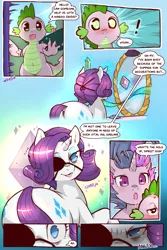 Size: 960x1440 | Tagged: safe, artist:cold-blooded-twilight, derpibooru import, rarity, spike, twilight sparkle, unicorn, cold blooded twilight, comic:cold storm, alternate design, angry, blushing, both cutie marks, carousel boutique, comic, crush, dock, eyepatch, fangs, from behind, frown, gemstones, glowing horn, heart eyes, horn, image, looking back, magic, messy mane, open mouth, png, ribbon, smiling, wide eyes, wide hips, wingding eyes