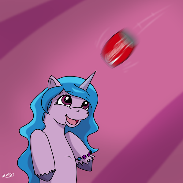 Size: 3732x3747 | Tagged: safe, artist:bravery, derpibooru import, izzy moonbow, pony, unicorn, coca-cola, g5, horn, image, imminent explosion, izzy impaling things, png, product placement, sharp horn, simple background, this will end in pain, this will not end well
