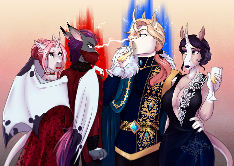 Size: 3214x2280 | Tagged: safe, artist:askbubblelee, derpibooru import, oc, oc:ametrine, oc:apollo lightbringer, oc:orpheus, oc:rosie quartz, unofficial characters only, anthro, bat pony, unguligrade anthro, unicorn, anthro oc, bat pony oc, bat wings, digital art, female, glare, horn, image, looking at each other, male, png, story in the source, unamused, unicorn oc, wings