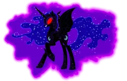 Size: 1024x655 | Tagged: safe, artist:venjix5, derpibooru import, nightmare moon, alicorn, pony, dark magic eyes, evil, evil grin, female, glowing eyes, grin, image, png, smiling, solo