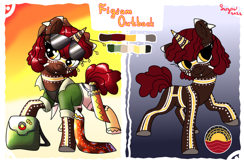 Size: 1725x1150 | Tagged: safe, artist:northernlightsone, derpibooru import, oc, oc:figjam outback, unofficial characters only, pony, unicorn, australia, bag, boomerang, boots, clothes, cork hat, ear piercing, earring, female, hat, image, jewelry, lip piercing, machete, mare, markings, necklace, piercing, png, raised hoof, raised leg, reference sheet, shirt, shoes, shorts, socks, solo, sunglasses, sunglasses on head, tanktop, tooth, unshorn fetlocks