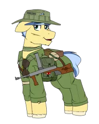 Size: 2131x2683 | Tagged: safe, artist:coatieyay, derpibooru import, oc, oc:shoreliner, earth pony, australian, boonie hat, gun, image, male, png, scar, simple background, soldier, sunglasses, transparent background, unshorn fetlocks, vietnam war, weapon