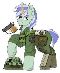 Size: 2162x2656 | Tagged: safe, artist:coatieyay, derpibooru import, oc, pony, unicorn, clothes, facial hair, gun, handgun, helmet, image, male, pistol, png, simple background, soldier, transparent background, uniform, vietnam war, weapon