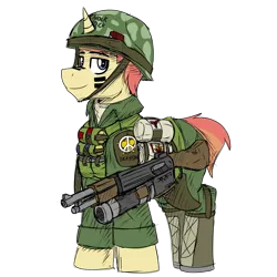 Size: 2300x2304 | Tagged: safe, artist:coatieyay, derpibooru import, oc, oc:lucky star, unicorn, boots, clothes, flak jacket, grenade launcher, gun, helmet, image, male, png, rifle, shoes, simple background, transparent background, uniform, vietnam war, weapon