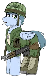 Size: 1701x2649 | Tagged: safe, artist:coatieyay, derpibooru import, oc, oc:high frequency, pegasus, cigarette, dog tags, gun, image, male, pegasus oc, png, rifle, simple background, transparent background, vietnam war, weapon, wings