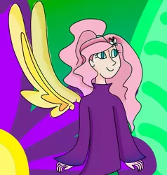 Size: 1353x1422 | Tagged: safe, artist:goldlines005, derpibooru import, fluttershy, human, clothes, eyelashes, female, humanized, image, jpeg, smiling, solo, winged humanization, wings