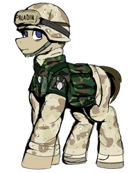 Size: 1743x2300 | Tagged: safe, artist:coatieyay, derpibooru import, oc, oc:paladin, pony, clothes, flak jacket, helmet, image, png, simple background, soldier, transparent background, uniform