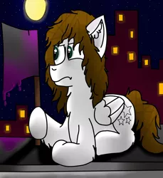 Size: 2000x2188 | Tagged: safe, artist:millefaller, derpibooru import, oc, unofficial characters only, pegasus, pony, 2015, building, chest fluff, ear fluff, full moon, image, lying down, moon, night, outdoors, pegasus oc, png, prone, solo, stars, wings