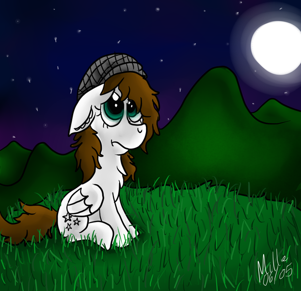 Size: 1656x1600 | Tagged: safe, artist:millefaller, derpibooru import, oc, unofficial characters only, pegasus, pony, 2015, beanie, female, floppy ears, full moon, hat, image, mare, moon, night, outdoors, pegasus oc, png, sad, signature, solo, stars, wings