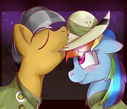 Size: 1200x1030 | Tagged: safe, artist:millefaller, derpibooru import, quibble pants, rainbow dash, earth pony, pegasus, pony, 2016, blushing, clothes, eyes closed, female, hat, image, male, mare, mouth hold, pith helmet, png, quibbledash, shipping, stallion, straight