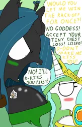 Size: 1336x2048 | Tagged: suggestive, artist:tenebrousmelancholy, derpibooru import, princess celestia, queen chrysalis, alicorn, anthro, changeling, changeling queen, human, angry, argument, armor, big breasts, blushing, breasts, breast size difference, digital art, fangs, female, goddess, huge breasts, image, implied lesbian, jewelry, mega giant, micro, pauldron, png, regalia, sharp teeth, shrunken pupils, simple background, story in the source, teeth, this will end in kisses, tiny, yelling