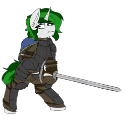 Size: 3000x3000 | Tagged: safe, artist:coatieyay, derpibooru import, oc, oc:baron, unicorn, armor, cape, clothes, female, image, knight, png, simple background, sword, transparent background, weapon, zweihander