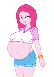 Size: 1936x2774 | Tagged: safe, alternate version, artist:0024387, derpibooru import, pinkie pie, equestria girls, background removed, belly, belly button, big belly, big breasts, breasts, busty pinkie pie, image, jpeg, knife, outie belly button, pinkamena diane pie, preggy pie, pregnant, simple background, smiling, smirk, solo, white background