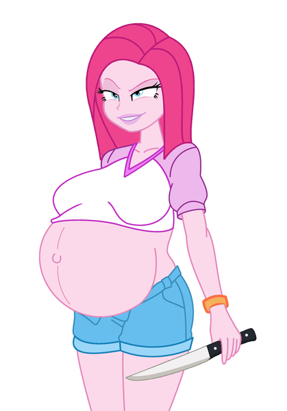 Size: 1936x2774 | Tagged: safe, alternate version, artist:0024387, derpibooru import, pinkie pie, equestria girls, background removed, belly, belly button, big belly, big breasts, breasts, busty pinkie pie, image, jpeg, knife, outie belly button, pinkamena diane pie, preggy pie, pregnant, simple background, smiling, smirk, solo, white background