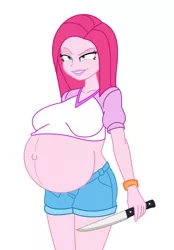 Size: 1936x2774 | Tagged: safe, alternate version, artist:0024387, derpibooru import, pinkie pie, equestria girls, background removed, belly, belly button, big belly, big breasts, breasts, busty pinkie pie, image, jpeg, knife, outie belly button, pinkamena diane pie, preggy pie, pregnant, simple background, smiling, smirk, solo, white background