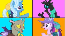 Size: 1279x716 | Tagged: safe, derpibooru import, discord, starlight glimmer, thorax, trixie, changeling, draconequus, pony, to where and back again, alternate color palette, alternate design, blue background, color palette, fusion, image, logo, orange background, palette swap, pink background, png, recolor, reformed four, screenshots, simple background, yellow background, youtube link