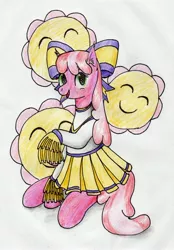 Size: 2588x3713 | Tagged: safe, artist:40kponyguy, derpibooru import, cheerilee, earth pony, bow, cheerileeder, cheerleader, cheerleader outfit, clothes, cutie mark background, derpibooru exclusive, ear fluff, hair bow, image, jpeg, looking at you, pom pom, simple background, skirt, solo, traditional art