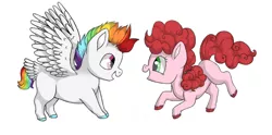Size: 1267x630 | Tagged: safe, artist:ukulelepineapplecat, derpibooru import, oc, unofficial characters only, earth pony, pegasus, pony, colored hooves, colt, duo, earth pony oc, female, filly, image, jpeg, male, multicolored hair, offspring, parent:bulk biceps, parent:cheese sandwich, parent:pinkie pie, parent:rainbow dash, parents:cheesepie, parents:rainbulk, pegasus oc, rainbow hair, simple background, smiling, white background, wings