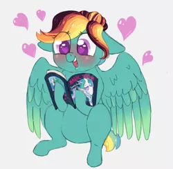 Size: 700x685 | Tagged: safe, artist:ukulelepineapplecat, derpibooru import, princess celestia, oc, pegasus, pony, book, female, heart eyes, image, mare, offspring, parent:rainbow dash, parent:zephyr breeze, parents:zephdash, pegasus oc, png, reading, simple background, smiling, white background, wingding eyes, wings