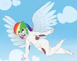 Size: 868x681 | Tagged: safe, artist:ukulelepineapplecat, derpibooru import, rainbow dash, human, equestria girls, clothes, cloud, feet, female, flying, humanized, image, jpeg, outdoors, smiling, solo, winged humanization, wings