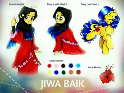 Size: 3709x2782 | Tagged: safe, artist:liaaqila, derpibooru import, oc, oc:jiwa baik, unofficial characters only, earth pony, pony, equestria girls, clothes, commission, dress, equestria girls-ified, eyes closed, grin, hijab, image, islam, jpeg, malaysia, open mouth, raised hoof, raised leg, reference sheet, smiling, solo, traditional art, waving