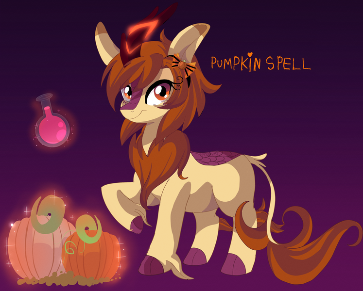 Size: 3379x2714 | Tagged: safe, artist:spookyle, derpibooru import, kirin oc, oc, oc:pumpkin spell, unofficial characters only, kirin, female, image, levitation, magic, mare, png, potion, pumpkin, solo, solo female, telekinesis