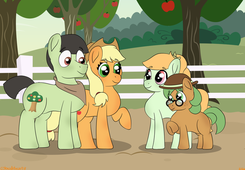 Size: 2048x1423 | Tagged: safe, artist:colorcodetheartist, artist:estories, derpibooru import, applejack, oc, oc:coy crispin, oc:golden russet, ponified, pony, choromatsu, crossover, crossover shipping, female, freckles, glasses, handkerchief, hat, image, male, offspring, parent:applejack, parent:choromatsu matsuno, parents:chorojack, png, shipping, straight