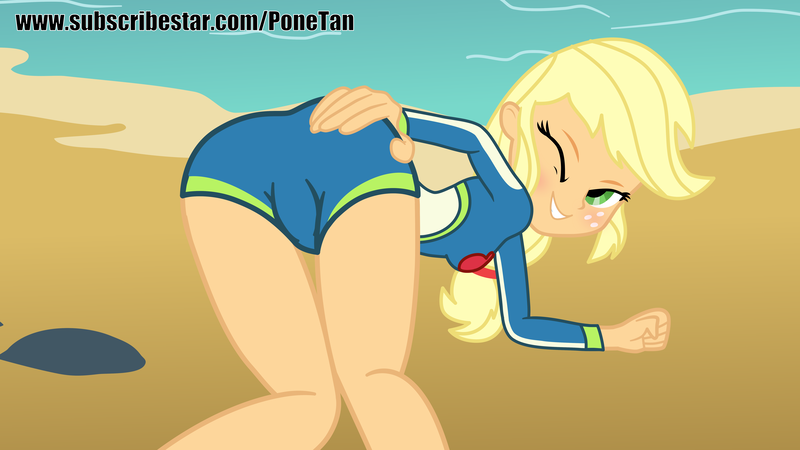 Size: 7111x4000 | Tagged: questionable, artist:cloppy hooves, ponybooru import, applejack, art pack:hottest month of summer, equestria girls, applebutt, applejack's beach shorts swimsuit, art pack, ass, breasts, butt, butt touch, clothes, female, hand on butt, image, looking at you, looking back, looking back at you, one eye closed, png, show accurate, show accurate porn, solo, solo female, stupid sexy applejack, swimsuit