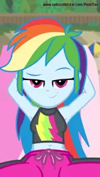 Size: 4000x7111 | Tagged: suggestive, artist:cloppy hooves, ponybooru import, rainbow dash, art pack:hottest month of summer, equestria girls, arm behind head, armpits, art pack, bedroom eyes, breasts, clothes, faic, female, image, looking at you, png, show accurate, smug, smugdash, solo, solo female, spread legs, spreading, swimsuit