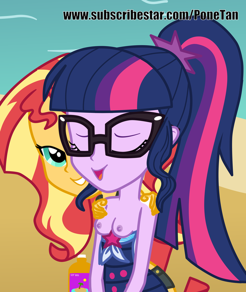 Size: 6000x7111 | Tagged: questionable, artist:cloppy hooves, ponybooru import, sci-twi, sunset shimmer, twilight sparkle, art pack:hottest month of summer, equestria girls, art pack, beach, breasts, clothes, exposed breasts, eyes closed, female, image, lesbian, nipples, nudity, one-piece swimsuit, open mouth, partial nudity, png, scitwishimmer, shipping, shoulder massage, show accurate, show accurate porn, sunscreen, sunsetsparkle, swimsuit