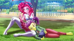 Size: 3116x1723 | Tagged: safe, artist:mauroz, derpibooru import, lily pad (equestria girls), pinkie pie, equestria girls, anime, barefoot, breasts, busty pinkie pie, clothes, feet, head on lap, image, jungle gym, looking at you, missing shoes, park, peace sign, playground, png, schrödinger's pantsu, skirt, stocking feet, tablet, tongue out, tree, upskirt denied