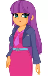 Size: 848x1343 | Tagged: safe, artist:rosemile mulberry, derpibooru import, ginger owlseye, equestria girls, belt, chubby, clothes, dress, female, hand on hip, image, jacket, lipstick, long hair, looking at you, makeup, necktie, png, simple background, solo, solo female, white background