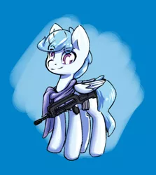 Size: 1236x1384 | Tagged: safe, artist:compound lift, derpibooru import, oc, oc:file folder, unofficial characters only, pegasus, clothes, famas, gun, horsin' around, image, male, png, scarf, solo, weapon