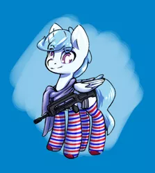 Size: 1236x1384 | Tagged: safe, artist:compound lift, derpibooru import, oc, oc:file folder, unofficial characters only, pegasus, clothes, famas, french flag, gun, horsin' around, image, male, png, scarf, socks, solo, weapon