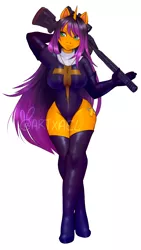 Size: 1938x3440 | Tagged: suggestive, artist:xaelthebunny, derpibooru import, oc, oc:trigger treat, unofficial characters only, anthro, breasts, female, gun, image, latex, nun, png, solo, solo female, weapon