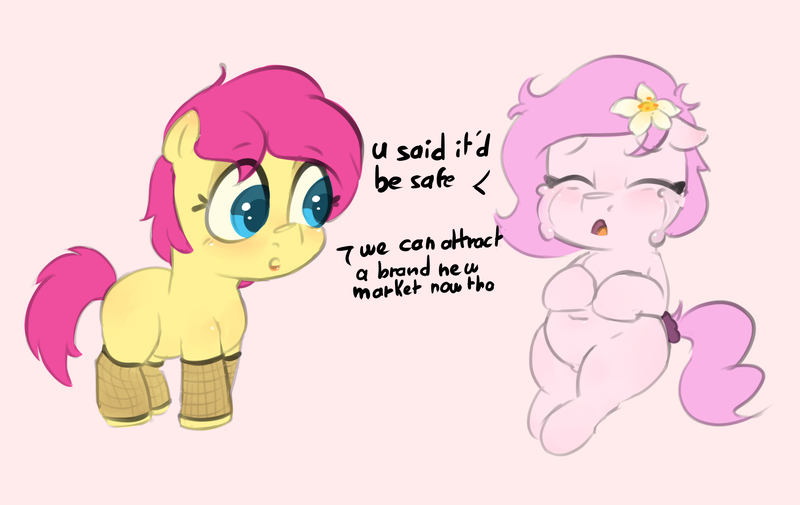 Size: 4395x2773 | Tagged: suggestive, artist:maxisb8, derpibooru import, oc, oc:banana split, oc:kayla, unofficial characters only, earth pony, pony, duo, female, filly, fishnets, flower, flower in hair, foalcon, image, png, pregnant, text, underage