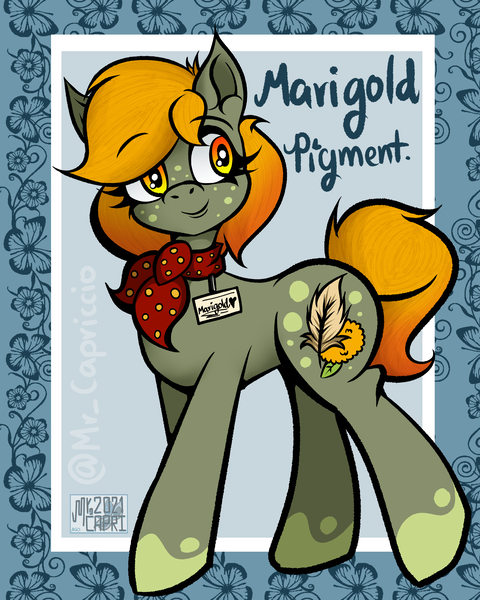 Size: 3000x3750 | Tagged: safe, artist:mrcapriccio, derpibooru import, oc, oc:marigold pigment, unofficial characters only, earth pony, pony, abstract background, female, full body, high res, image, mare, neckerchief, png, solo, spots
